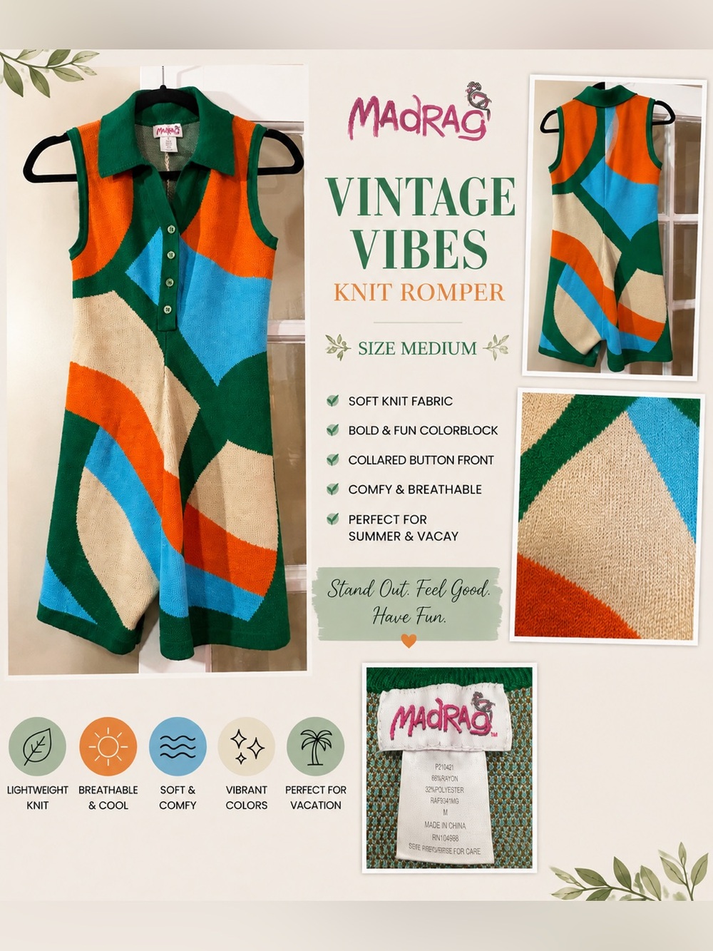 MadRag Vintage Vibes Green & Blue Colorblock Knit Romper
